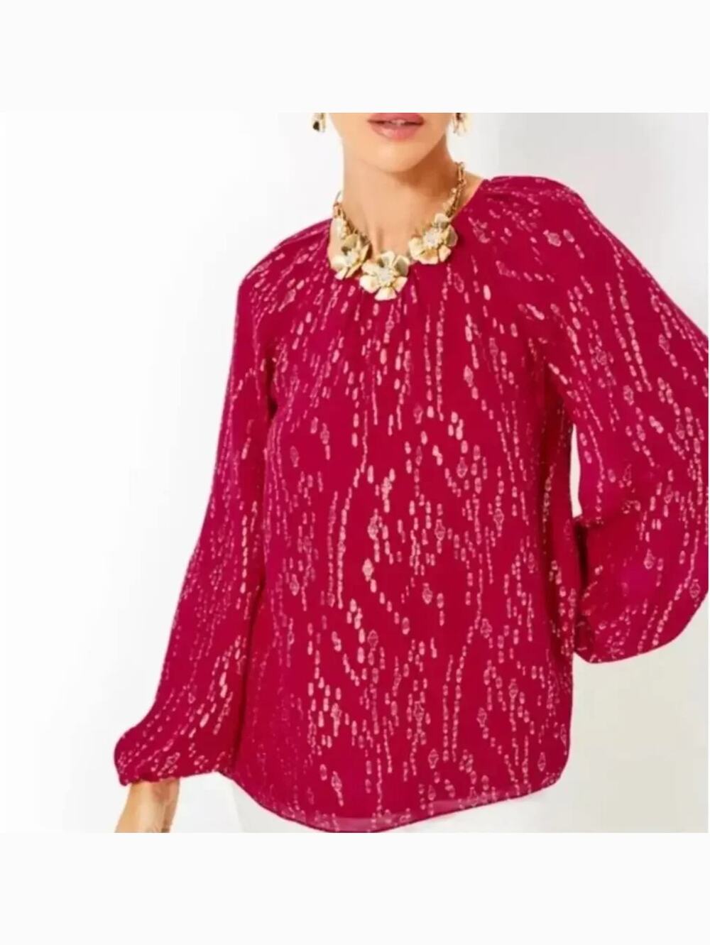 Lilly Pulitzer Noraleen Silk Top Medium Red Gold Metallic Chiffon Blouse Dressy